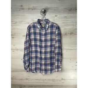 L.L.Bean Shirt Mens Medium Blue Red Plaid 100% Linen Long Sleeve Button Down